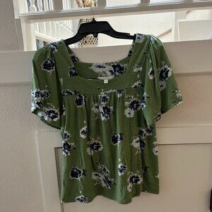 Lucky Brand Green Cotton Floral Short Sleeve Square Neck Blouse ~ Sz.S/P